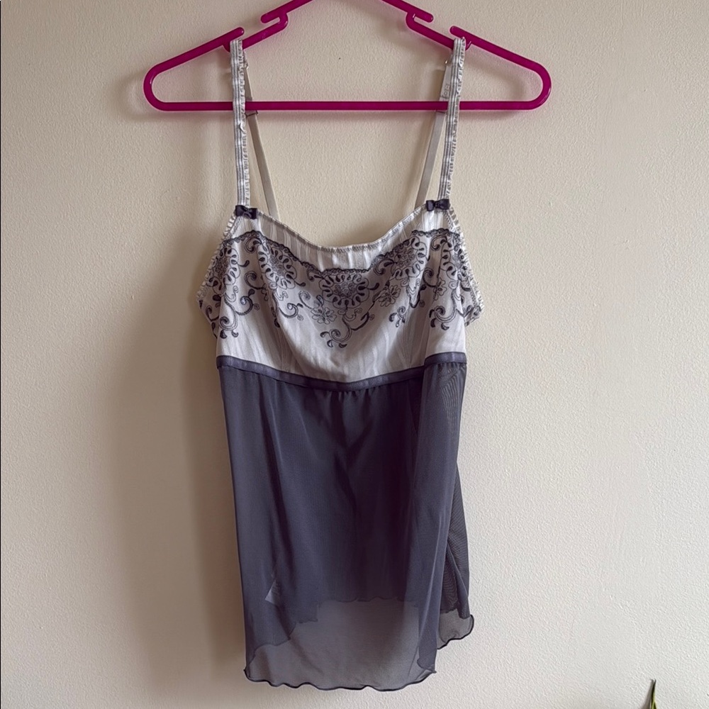 Elegant Embroidered Sheer Lingerie Top - White and Grey